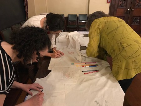 Signing the fabric pieces at Larnach Castle 03 low res