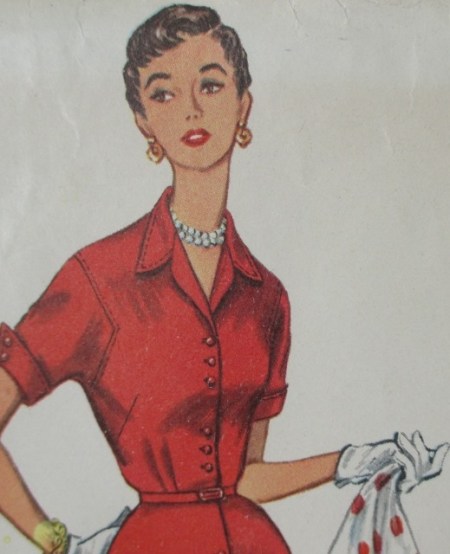 Pattern woman disdainful in red dress