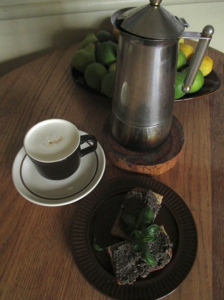 Tapenade on toast and coffee