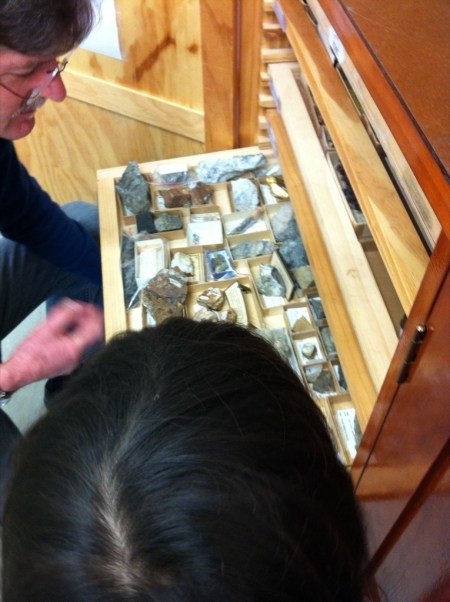 Hugh with Luna looking at rock trays