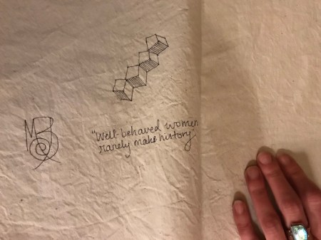 Signing the fabric pieces at Larnach Castle 14 Well behaved women rarely make history low res